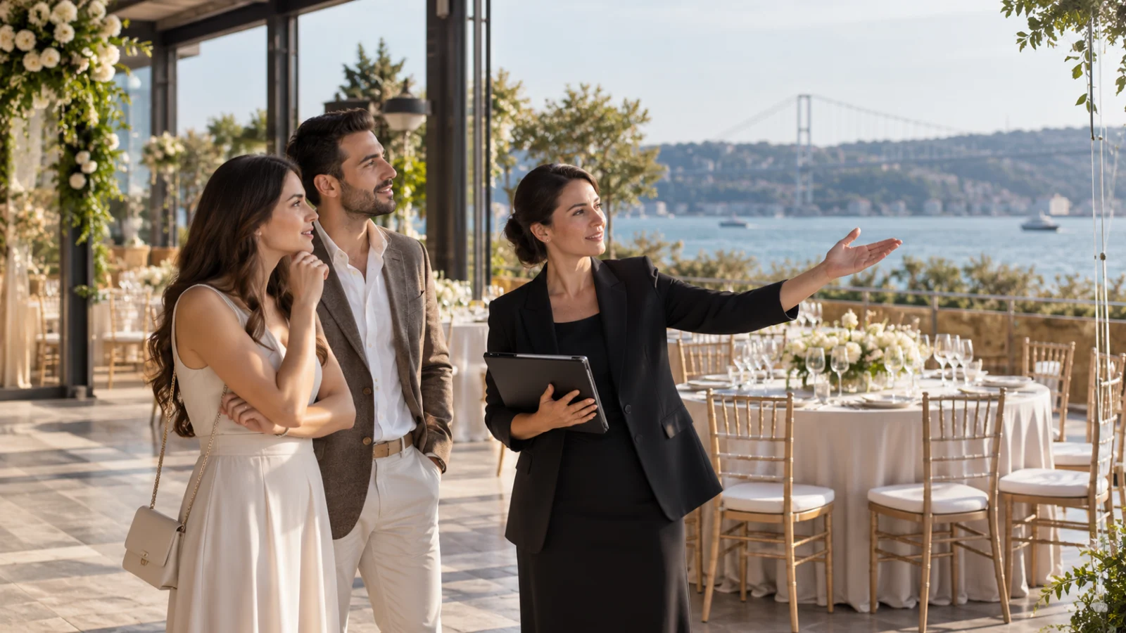Açık hava düğün mekanında gölge alanları ve iklim koşullarını yerinde kontrol eden çift